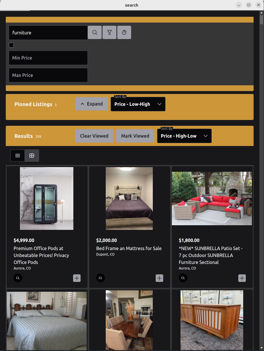 Flip Snatch app showing search results from Facebook Marketplace, Craigslist, and OfferUp